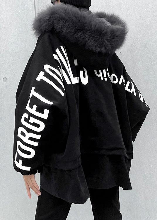 Black Letter Coats Snow Jackets Faux Fur Collar Pockets Coats