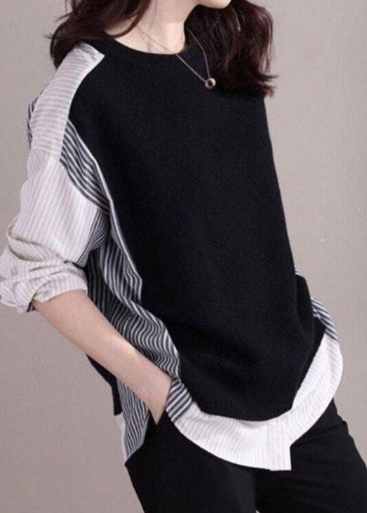 Black O-neck Striped Patchwork Shirt Fake Two Top Spring