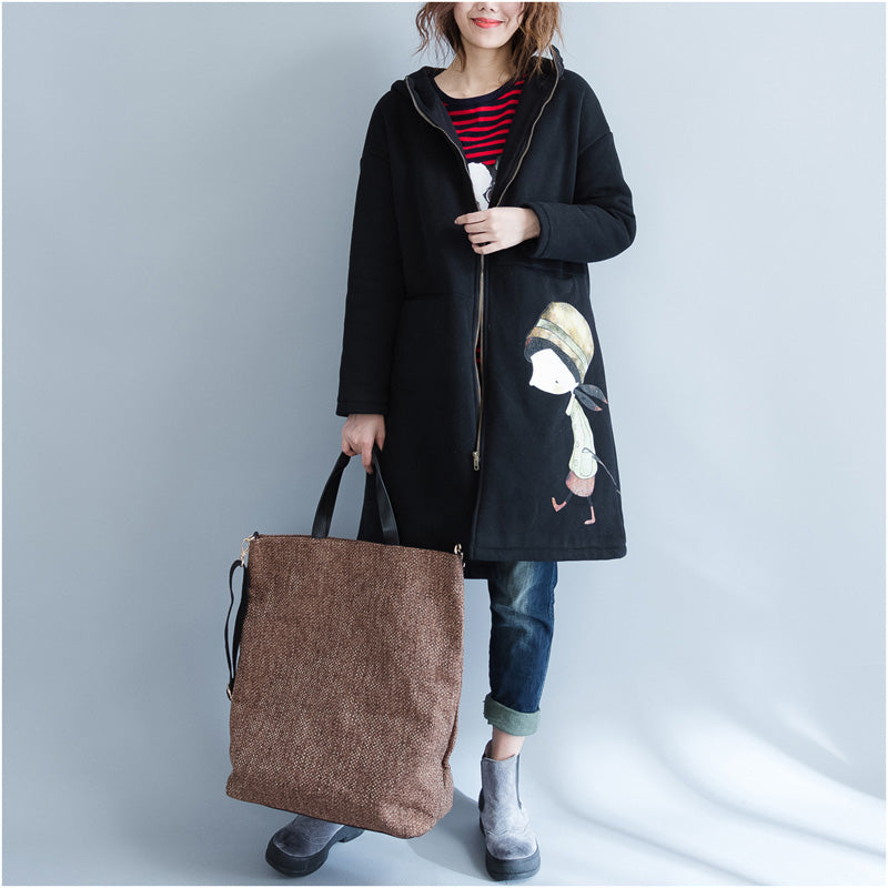Black Parkas for Hooded Jackets & Coats Warm Prints Overcoat