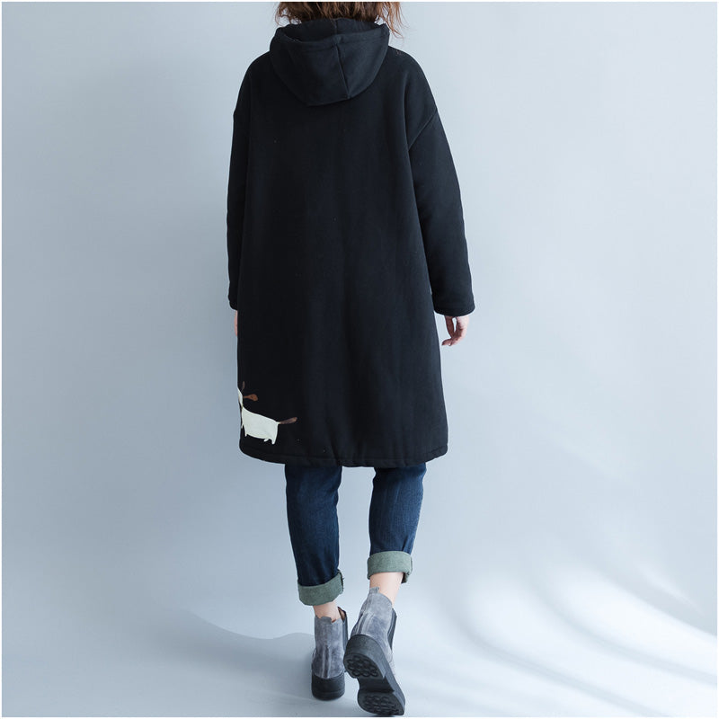 Black Parkas for Hooded Jackets & Coats Warm Prints Overcoat