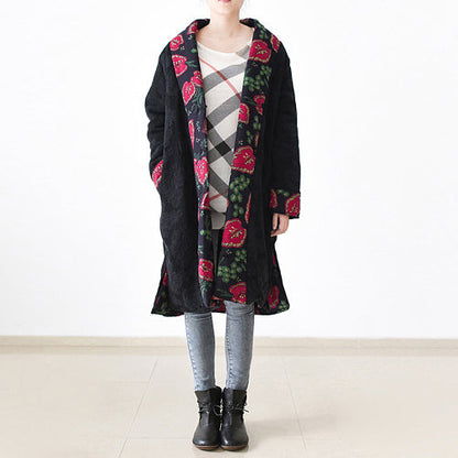 Black Print Puffers Jackets Loose Fitting Patchwork Down Jacket Side Open Overcoat