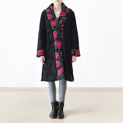 Black Print Puffers Jackets Loose Fitting Patchwork Down Jacket Side Open Overcoat