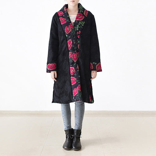 Black Print Puffers Jackets Loose Fitting Patchwork Down Jacket Side Open Overcoat
