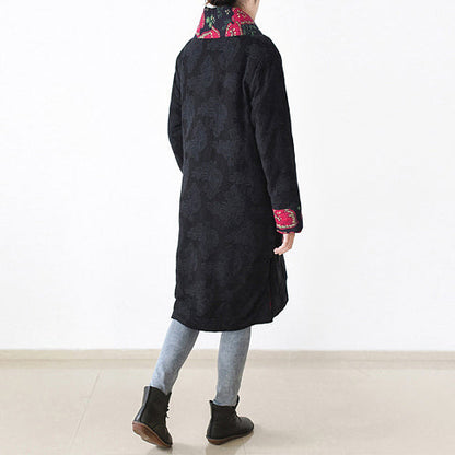 Black Print Puffers Jackets Loose Fitting Patchwork Down Jacket Side Open Overcoat
