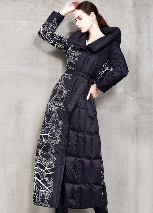 Black Prints Down Jacket Woman Oversize Hooded Winter Jacket Tie Waist New Winter Outwear