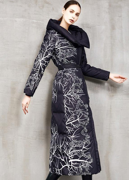 Black Prints Down Jacket Woman Oversize Hooded Winter Jacket Tie Waist New Winter Outwear