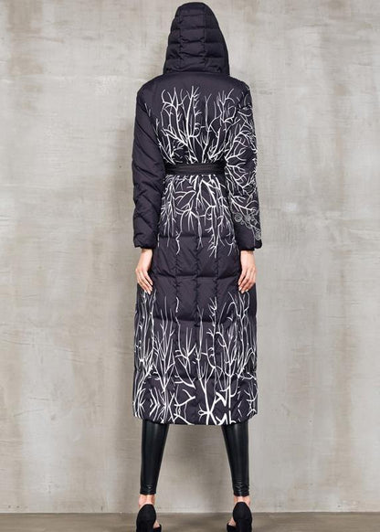 Black Prints Down Jacket Woman Oversize Hooded Winter Jacket Tie Waist New Winter Outwear