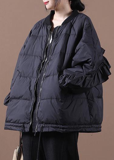 Black Warm Winter Coat Oversize Winter Jacket Stand Collar Ruffles Jackets