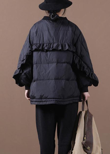 Black Warm Winter Coat Oversize Winter Jacket Stand Collar Ruffles Jackets