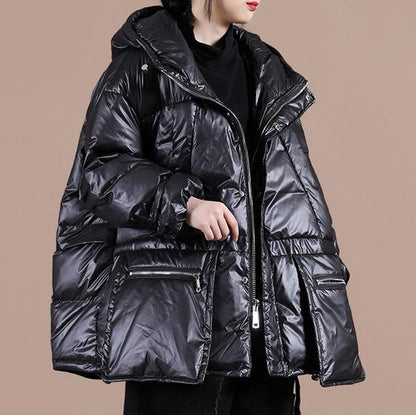 Black Warm Winter Coat Clothing Down Jacket Hooded Zippered Overcoat