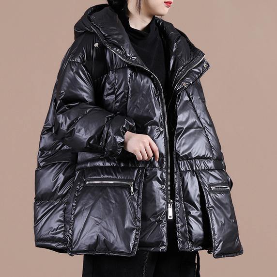 Black Warm Winter Coat Clothing Down Jacket Hooded Zippered Overcoat