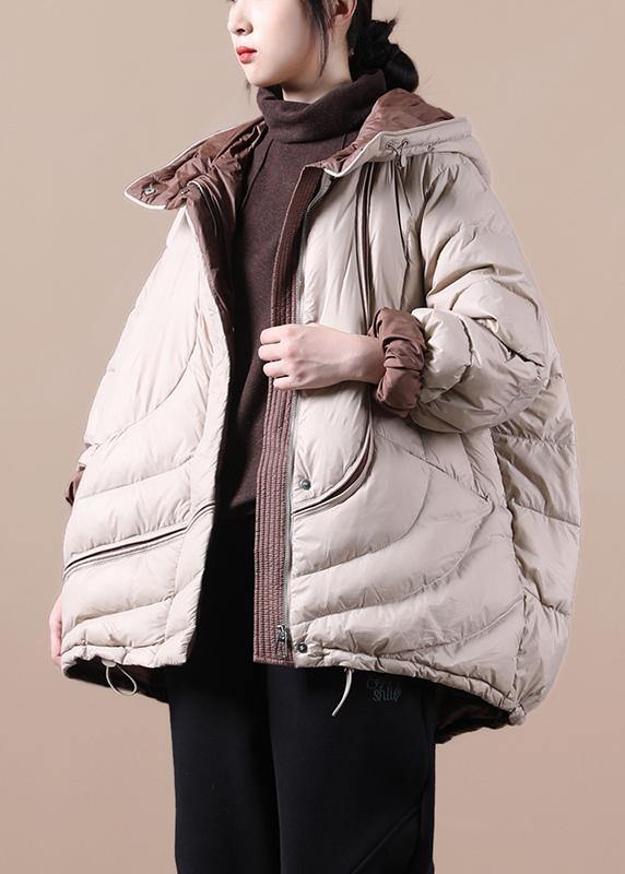 Down Jacket Overcoat Khaki Hooded Pockets Down Cotton Coat