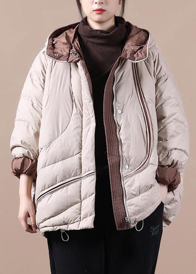 Down Jacket Overcoat Khaki Hooded Pockets Down Cotton Coat