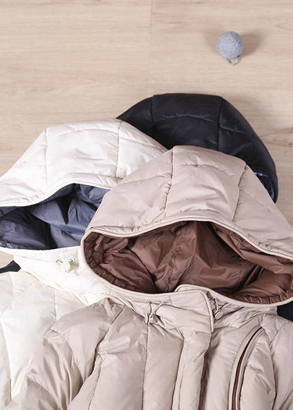 Down Jacket Overcoat Khaki Hooded Pockets Down Cotton Coat