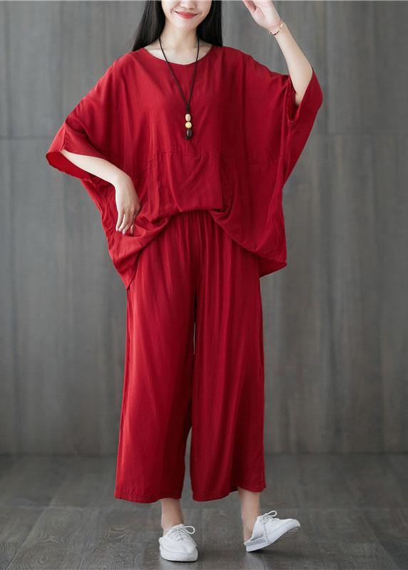 Cotton Blended Batwing Sleeve Pullover Tops and Elastic Waist Pants Red Two Pieces