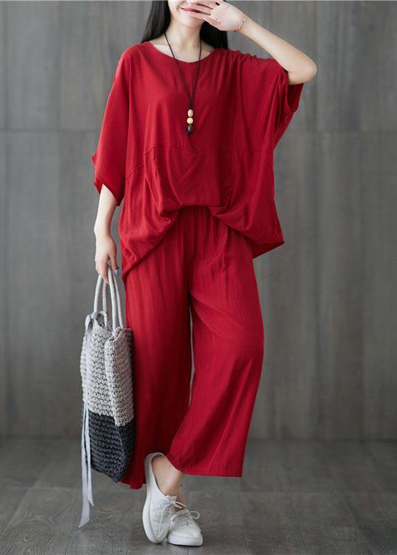 Cotton Blended Batwing Sleeve Pullover Tops and Elastic Waist Pants Red Two Pieces