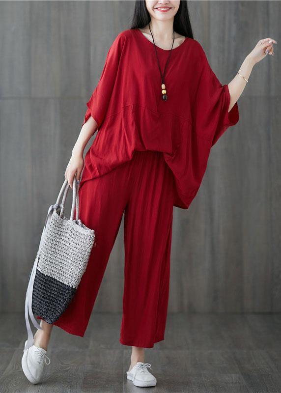 Cotton Blended Batwing Sleeve Pullover Tops and Elastic Waist Pants Red Two Pieces
