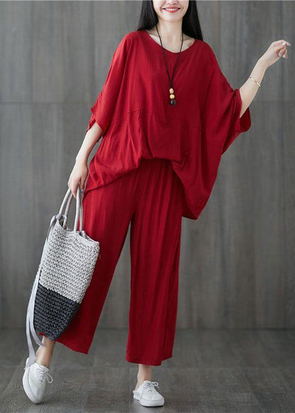 Cotton Blended Batwing Sleeve Pullover Tops and Elastic Waist Pants Red Two Pieces