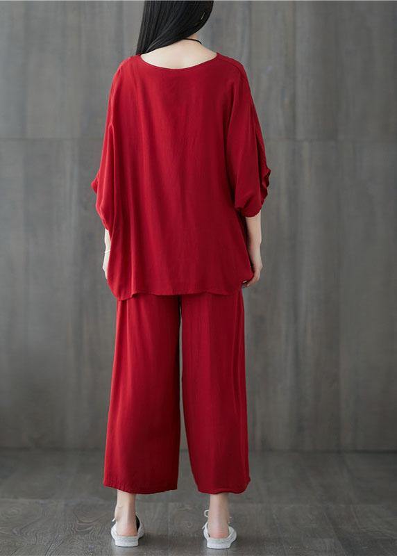 Cotton Blended Batwing Sleeve Pullover Tops and Elastic Waist Pants Red Two Pieces