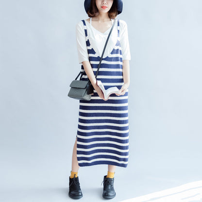 Fall Blue White Striped Knit Dresses Sleeveless Sweater Dress