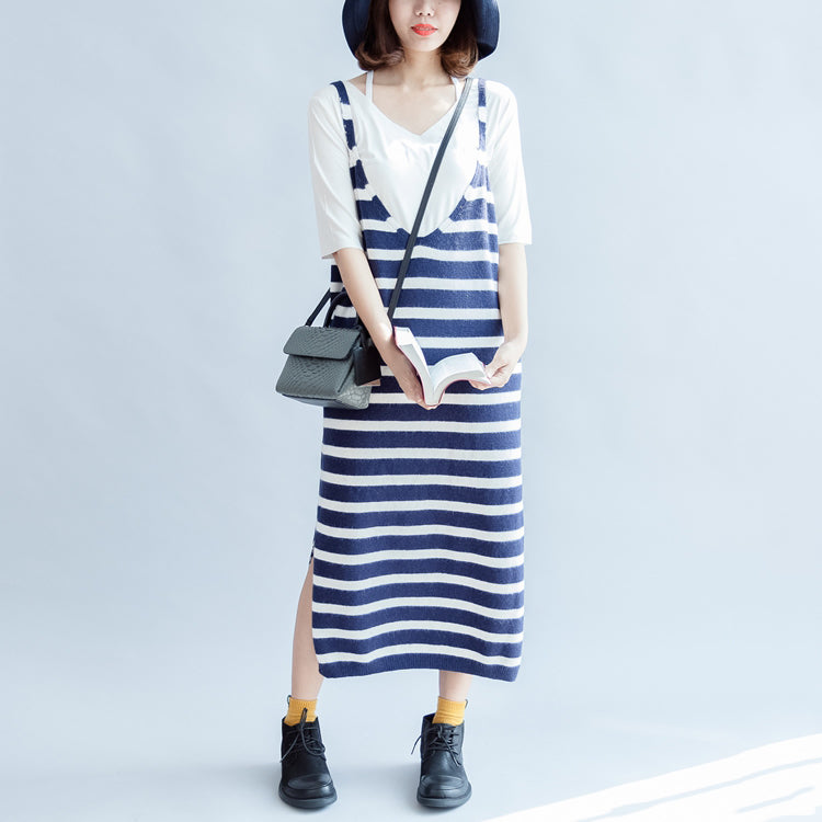 Fall Blue White Striped Knit Dresses Sleeveless Sweater Dress