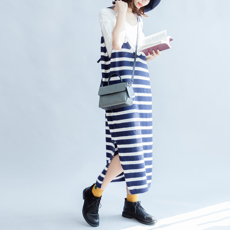 Fall Blue White Striped Knit Dresses Sleeveless Sweater Dress