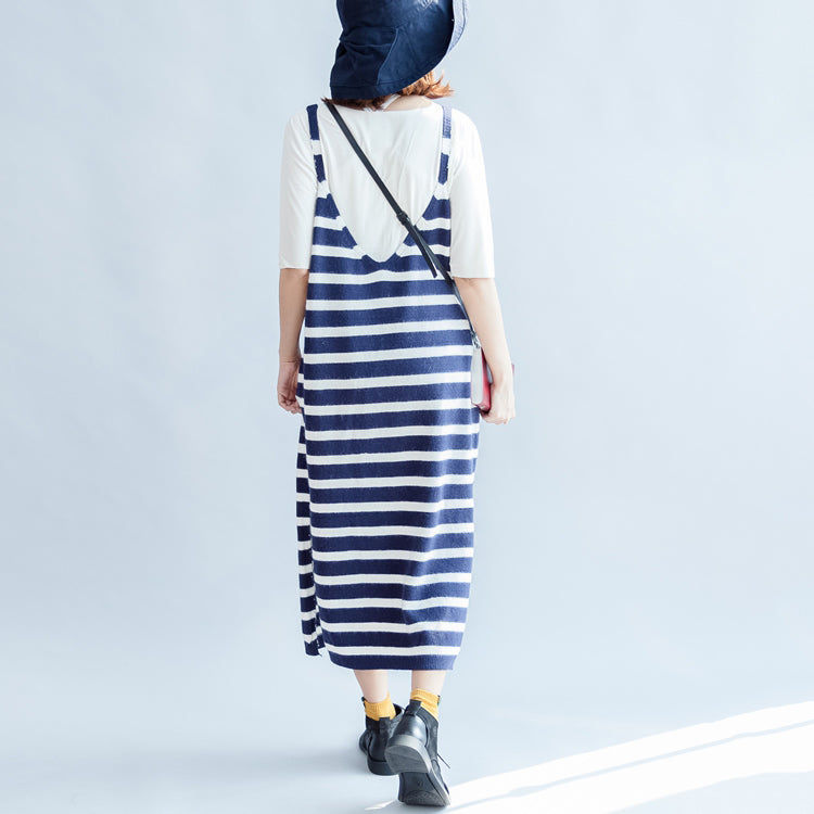 Fall Blue White Striped Knit Dresses Sleeveless Sweater Dress