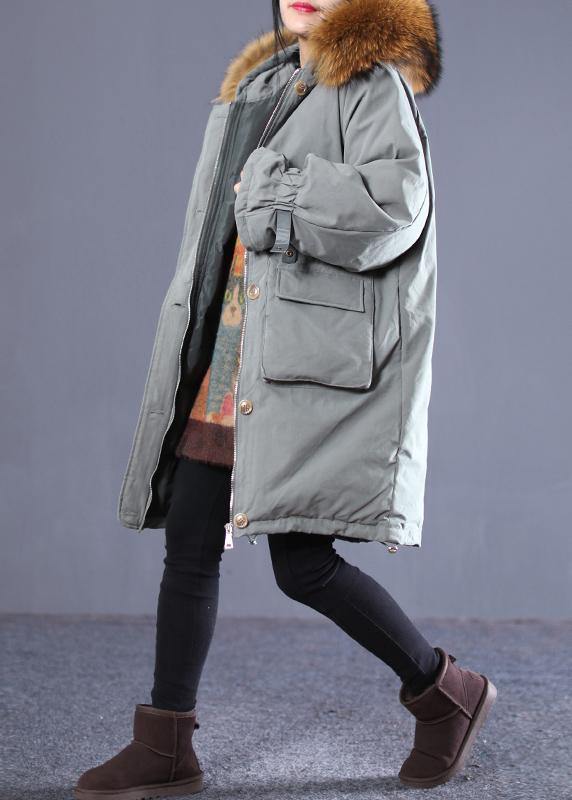 Gray Green Duck Down Coat Oversize Down Jacket Winter Hooded Zippered Flare Sleeve Fur Collar Outwear