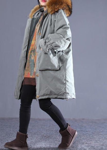 Gray Green Duck Down Coat Oversize Down Jacket Winter Hooded Zippered Flare Sleeve Fur Collar Outwear