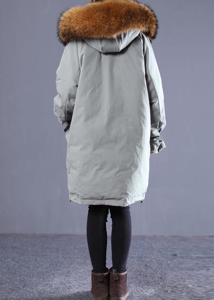 Gray Green Duck Down Coat Oversize Down Jacket Winter Hooded Zippered Flare Sleeve Fur Collar Outwear