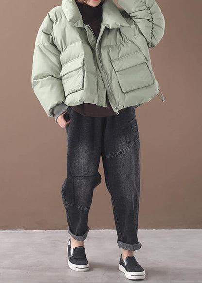 Green Down Coat Winter Down Jacket Two Pocketsstand Collar Jackets
