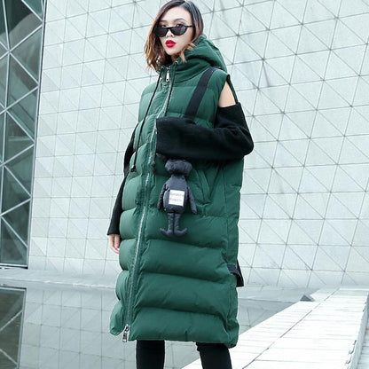 Green Down Jacket Hooded Zippered Parka Sleeveless Animal Overcoat