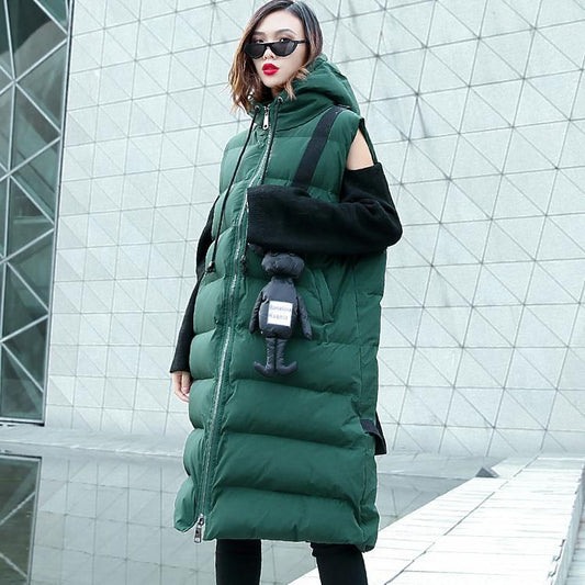 Green Down Jacket Hooded Zippered Parka Sleeveless Animal Overcoat