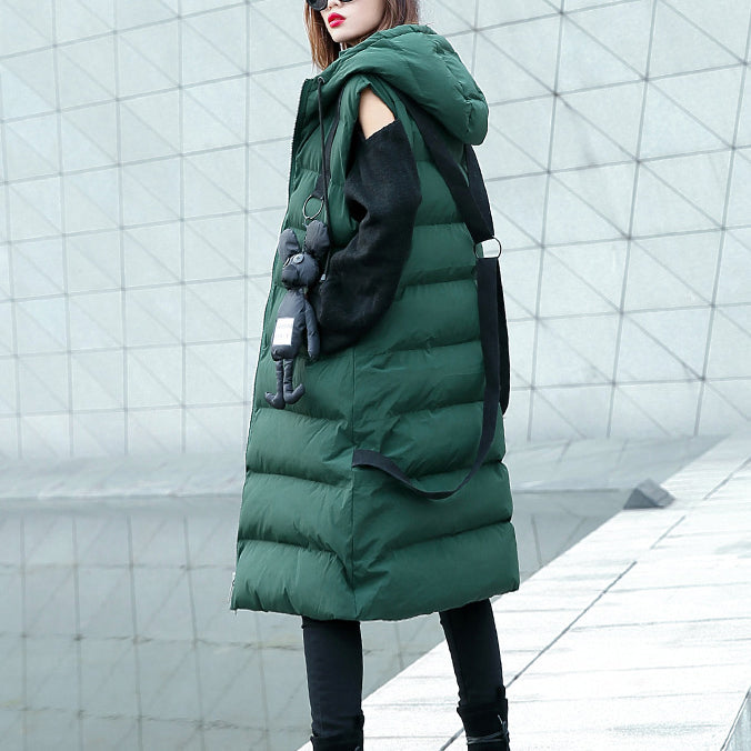 Green Down Jacket Hooded Zippered Parka Sleeveless Animal Overcoat