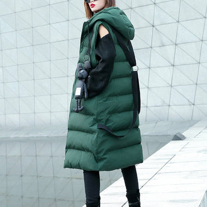 Green Down Jacket Hooded Zippered Parka Sleeveless Animal Overcoat