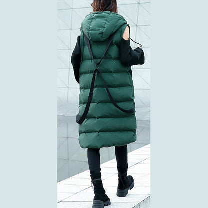 Green Down Jacket Hooded Zippered Parka Sleeveless Animal Overcoat