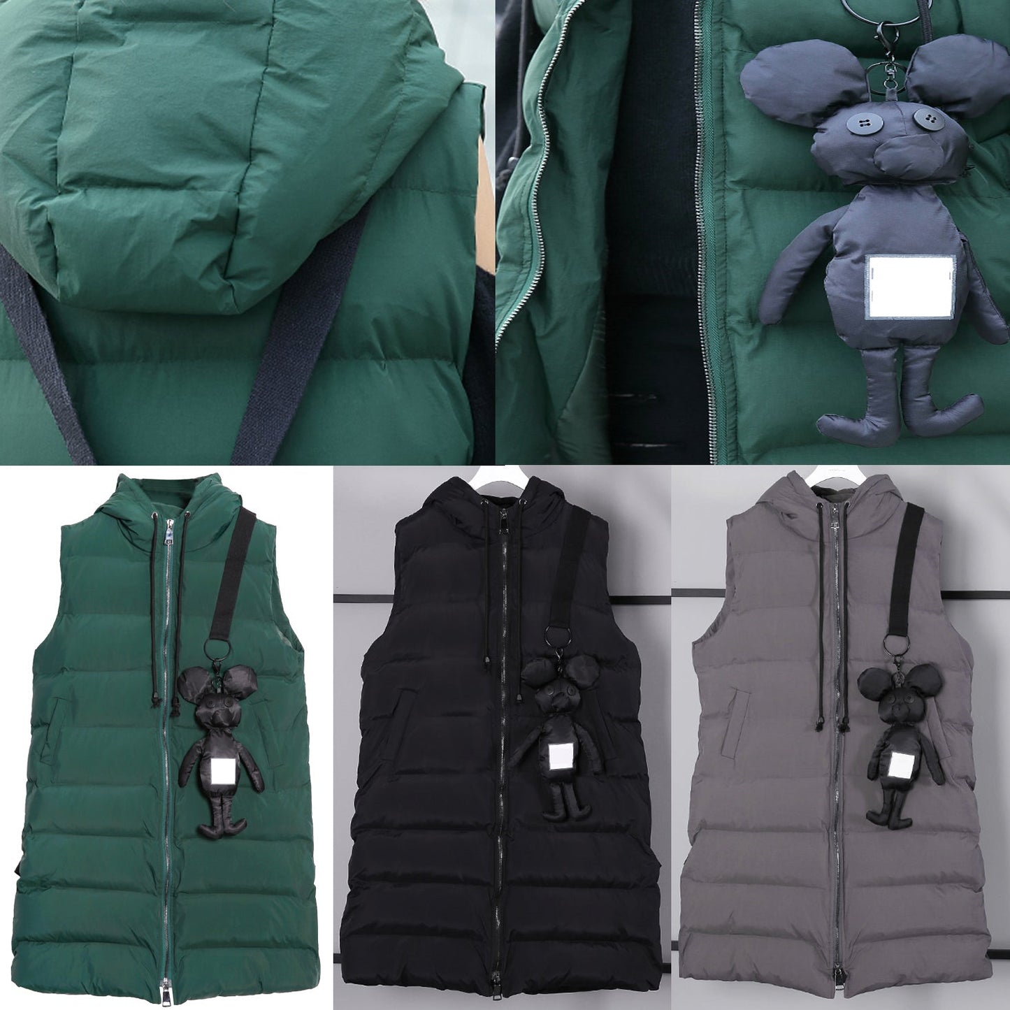 Green Down Jacket Hooded Zippered Parka Sleeveless Animal Overcoat