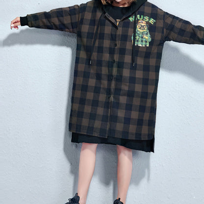 Grid Prints Cotton Coats Hooded Winter Thick Outfits