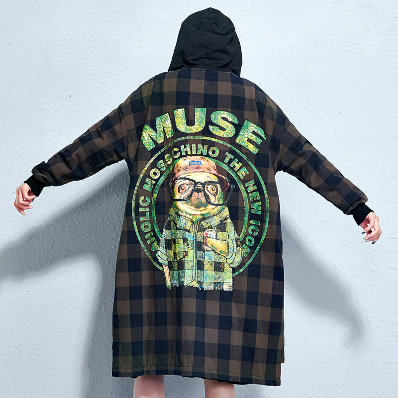 Grid Prints Cotton Coats Hooded Winter Thick Outfits