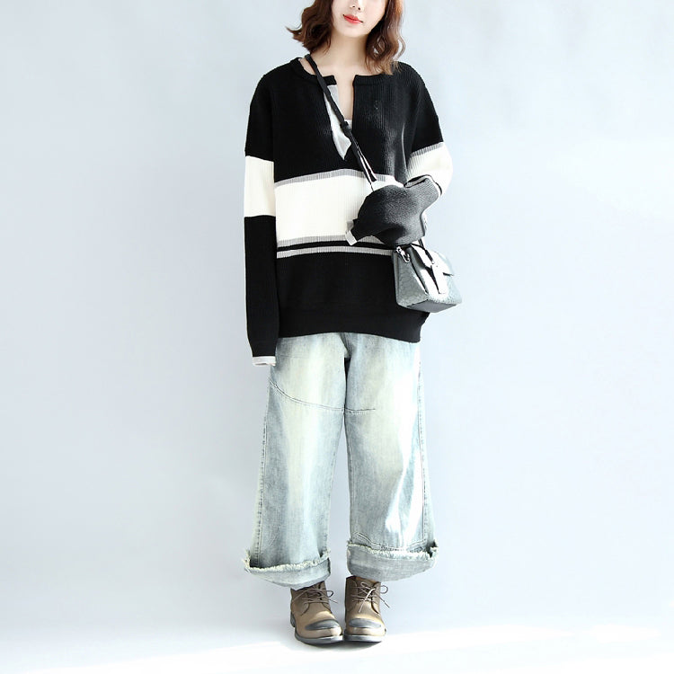 Long Sleeve Cotton Sweater Oversize Black White Patchwork Knit Pullover