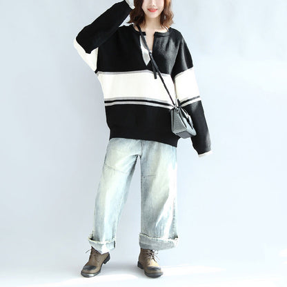 Long Sleeve Cotton Sweater Oversize Black White Patchwork Knit Pullover