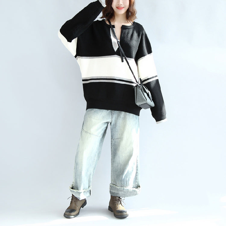 Long Sleeve Cotton Sweater Oversize Black White Patchwork Knit Pullover