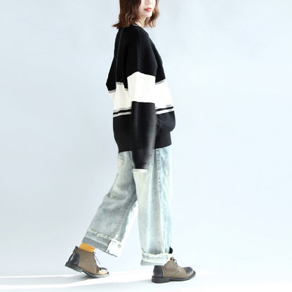 Long Sleeve Cotton Sweater Oversize Black White Patchwork Knit Pullover