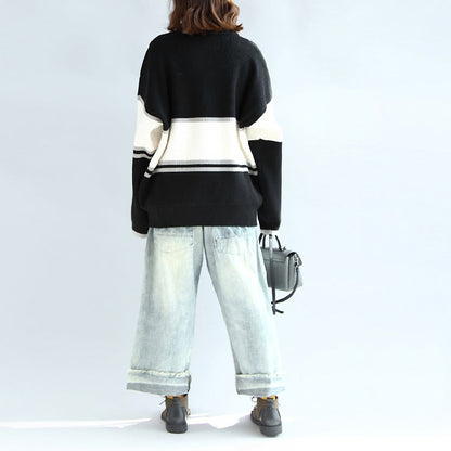 Long Sleeve Cotton Sweater Oversize Black White Patchwork Knit Pullover