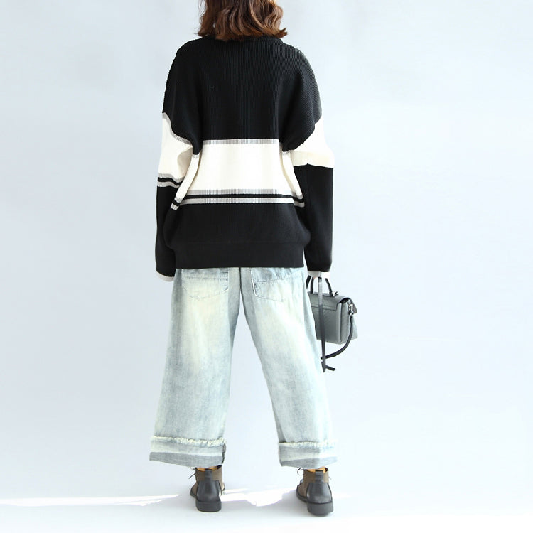 Long Sleeve Cotton Sweater Oversize Black White Patchwork Knit Pullover