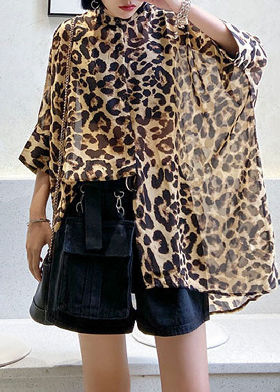 Low High Design Stand Collar Leopard Chiffon Shirts Spring