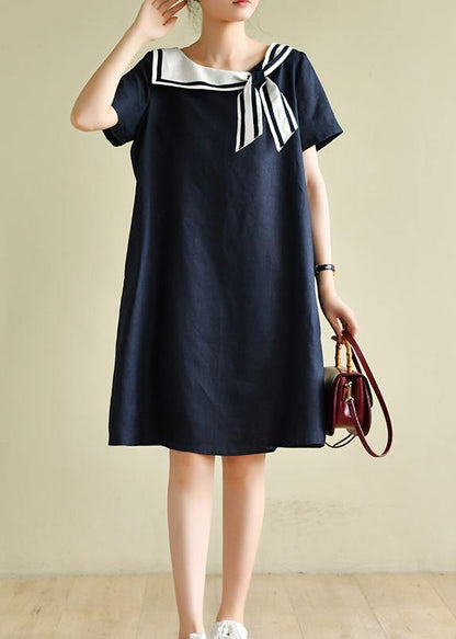 Navy Style Collar Short Sleeve Mid-length Dress