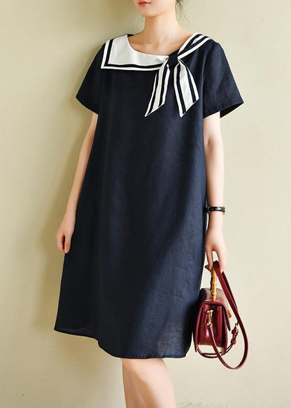 Navy Style Collar Short Sleeve Mid-length Dress