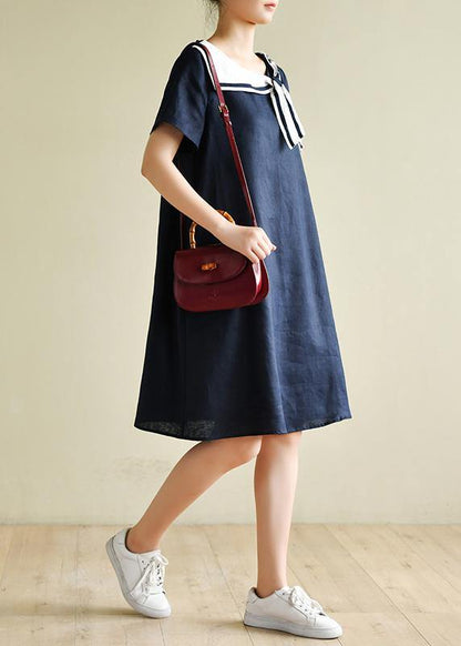 Navy Style Collar Short Sleeve Mid-length Dress