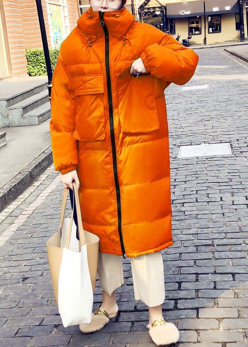 Orange Down Coat Winter Loose Fitting Winter Jacket Stand Collar Cinched Quality Overcoat
